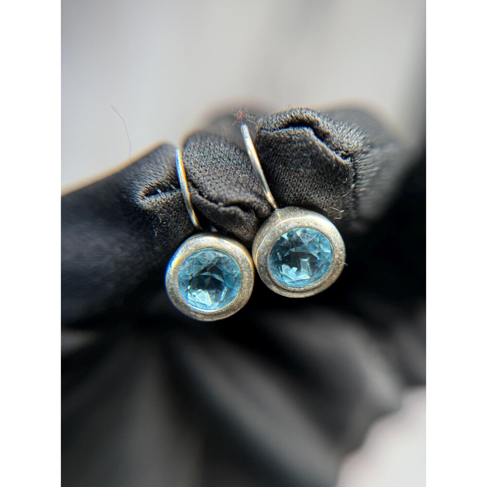 Sterling Silver Blue CZ Dangle Earrings Bezel Set 1" Drop